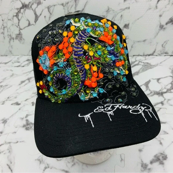 Ed Hardy Dragons BlackMulticolor Rhinestone Trucker Hat NWT